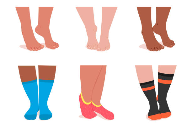 stockillustraties, clipart, cartoons en iconen met de voeten van het meisje in sokken vectorbeeldverhaal reeks die op een witte achtergrond wordt geïsoleerd. - woman foot
