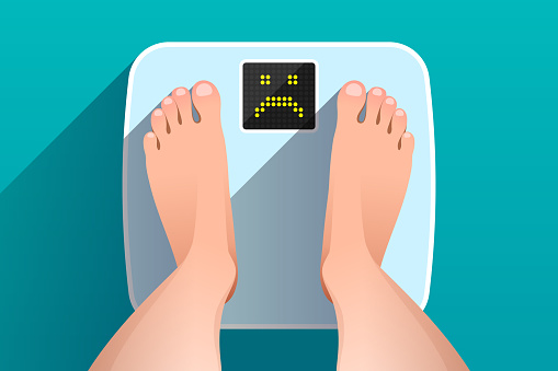 Feet of woman standing on bathroom scales with unhappy face on display