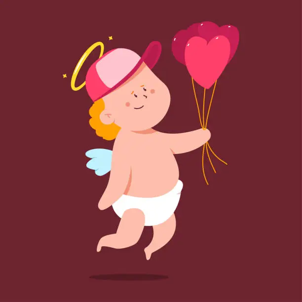 Vector illustration of Cute cupid delivery with heart shaped balloons vector cartoon character isolated on background.