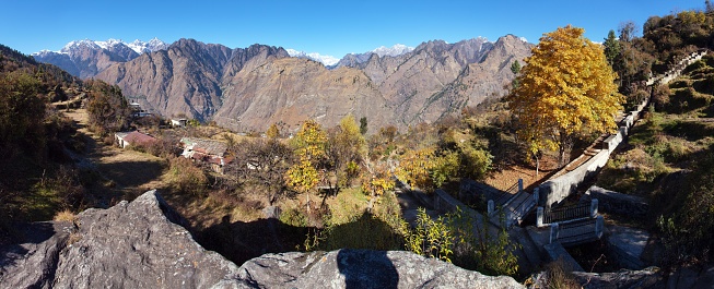 Himalaya, autumnal view from Joshimath town, panoramic view of Indian Himalayas, great Himalayan range, Uttarakhand India