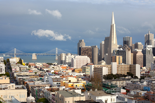 Cityscape of Financial District and san francisco-oakland bay bridge, San Francisco, California, United States