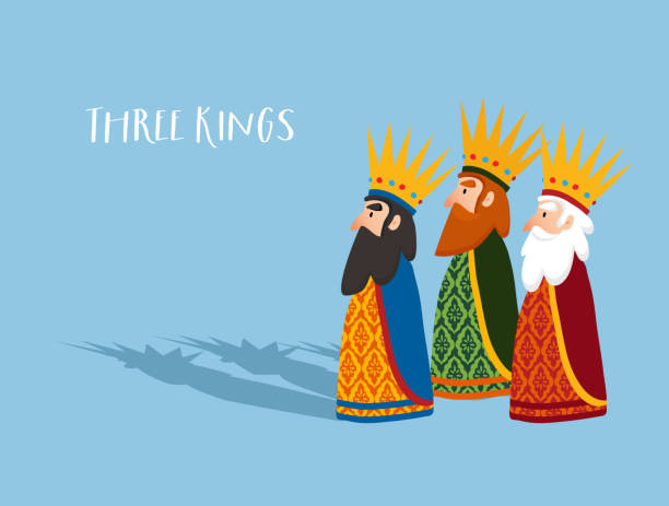 クリスマスグリーティングカード、招待状。3人の古い賢者、王冠と影を持つ王。聖書のマギ・カスパー、メルキオール、バルタザール。フラットデザイン、ベクターイラストの背景、ウェブ - three wise men点のイラスト素材／クリップアート素材／マンガ素材／アイコン素材