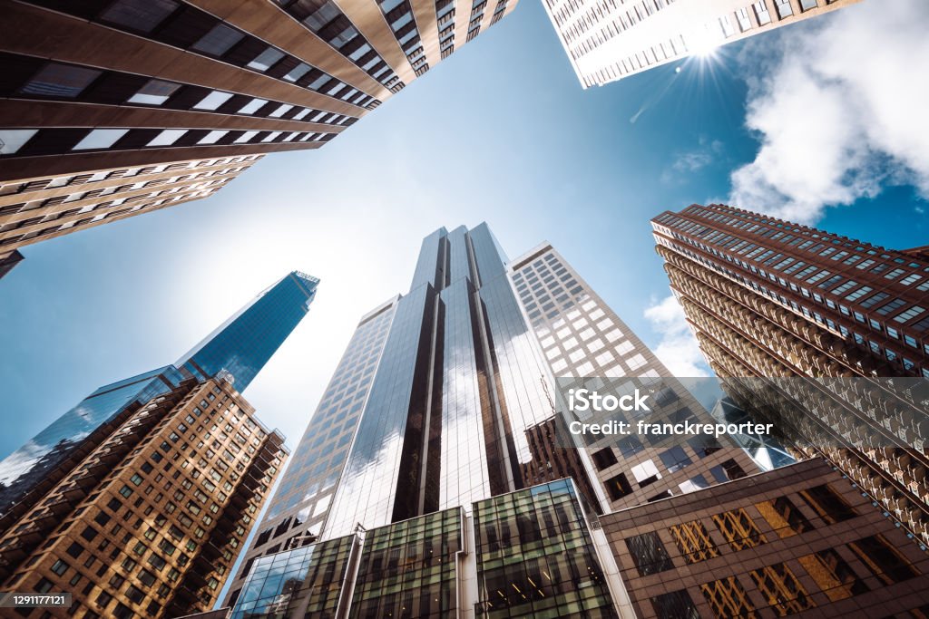 low angle of tall building in manhattan Building Exterior Stock Photo