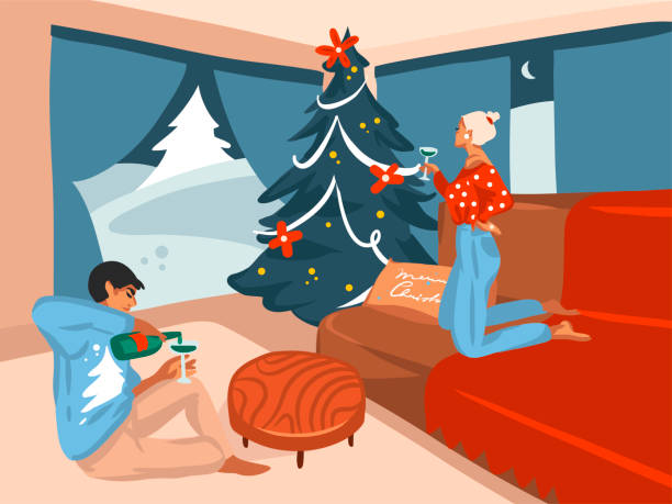istock Hand drawn vector abstract fun stock flat Merry Christmas,and Happy New Year cartoon festive card with cute illustrations of Xmas happy couple at home together isolated on color background 1291177737