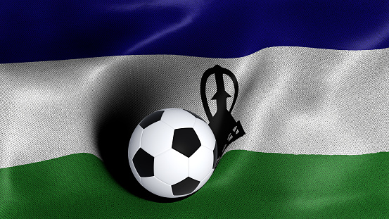 3D rendering of the flag of Lesotho with a soccer ball