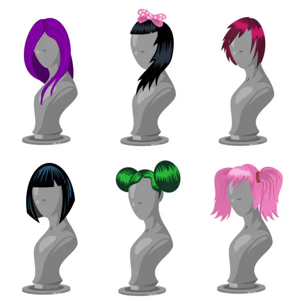 Vector illustration of Woman hair style on fashion mannequin. Female wigs vector cartoon set isolated on a white background.