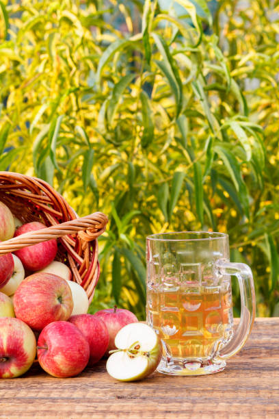 istock Just picked apples in a wicker basket and apple cider in glass goblet 1291178059