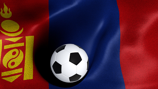 3D rendering of the flag of Mongolia with a soccer ball
