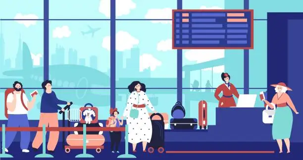 Vector illustration of Airport check in queue. Girl waiting plane, travelling people in line. Departure area, persons decent bags and boarding pass vector concept