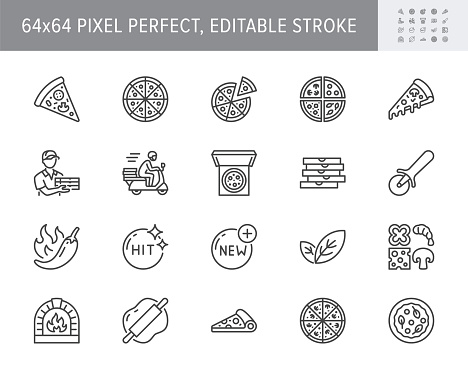 Pizza delivery line icons. Vector illustration set with icon as cheese slice, courier, box, pepperoni, vegetarian restaurant. Outline pictogram for pizzeria menu. 64x64 Pixel Perfect Editable Stroke.