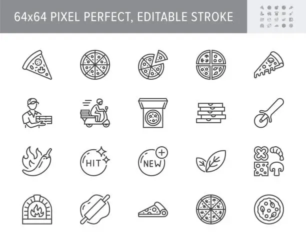 Vector illustration of Pizza delivery line icons. Vector illustration set with icon as cheese slice, courier, box, pepperoni, vegetarian restaurant. Outline pictogram for pizzeria menu. 64x64 Pixel Perfect Editable Stroke