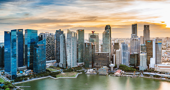 Beautiful aerial view of the Downtown areaa of Kowloon West, Hong Kong. Dawn golden hours, outdoor