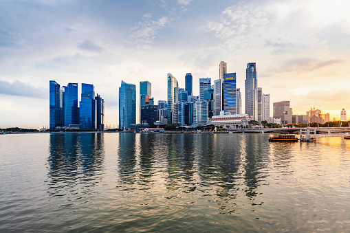 Singapore skyline and financial district at sunset. Financial district view.