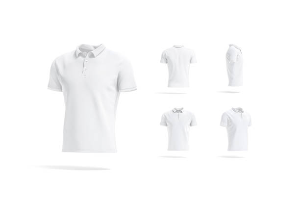maqueta de polo blanco en blanco, diferentes vistas - polo shirt fotografías e imágenes de stock