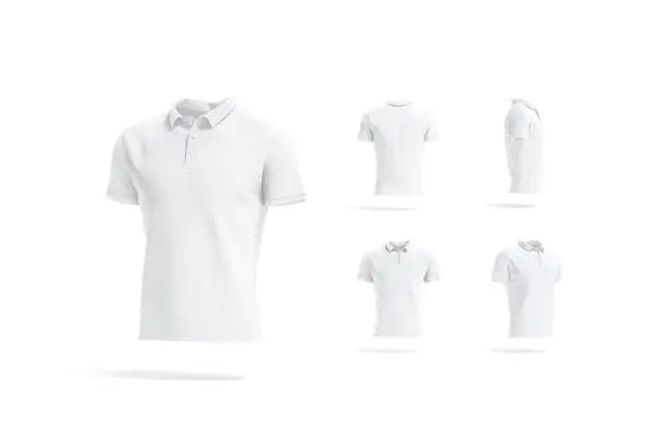 Blank white polo shirt mockup, different views, 3d rendering. Empty casual fabric poloshirt for fashion outfit mock up, isolated. Clear casual or sport t-shirt outfit template.