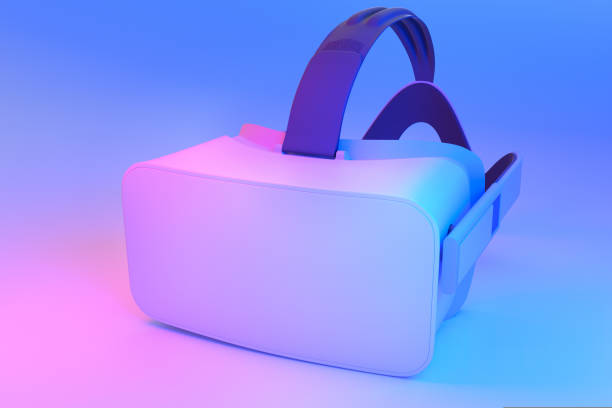 istock Virtual reality glasses isolated in neon lights on white background 1291181493