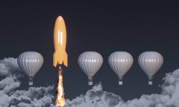 Innovation - Standing Out From The Crowd Orange colored rocket rising on the top between the hot air balloons. ( 3d render ) winning stock pictures, royalty-free photos & images