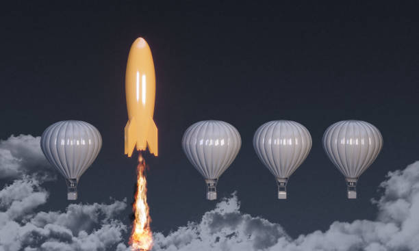 Innovation - Standing Out From The Crowd Orange colored rocket rising on the top between the hot air balloons. ( 3d render ) innovation individuality standing out from the crowd contrasts stock pictures, royalty-free photos & images