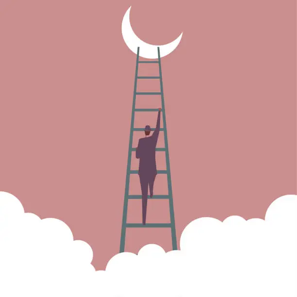 Vector illustration of A businessman climbed to the moon using a ladder.