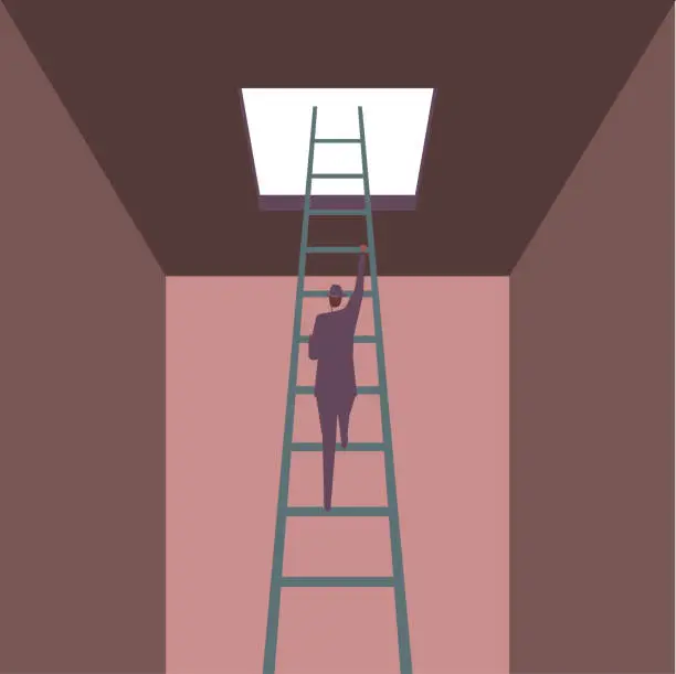 Vector illustration of A businessman escaped from the closed room using a ladder.