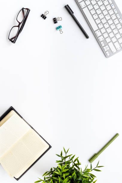 istock Perfectionist workplace. Flat lay desktop with keyboard and office supplies 1291182106