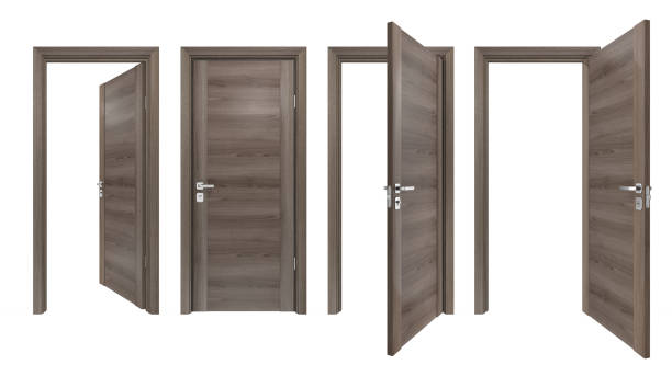 istock Modern set of solid wooden doors with high resolution grey oak texture. 3D rendering of minimalist style brown wood closed, open inside, outside doorways for home interior design 1291182255