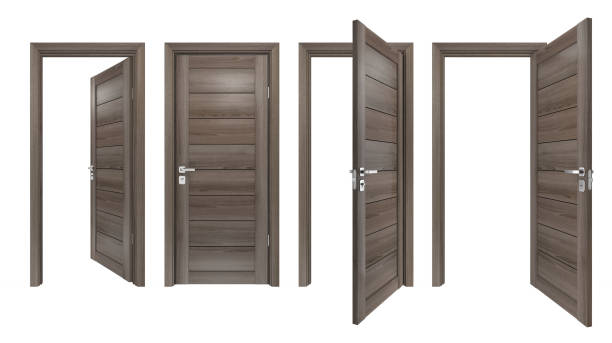 istock Set of modern, solid hard wood, single, 3D realistic entrances. Front view of closed and open intside, outside doors with grey oak wooden planks 1291182257