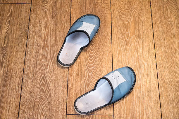 istock Gray home slippers standing on the floor 1291183618