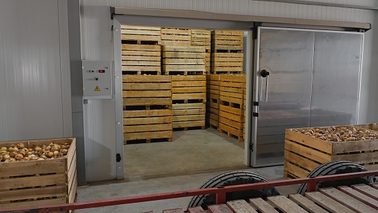Refrigerated warehouse with automatic doors and crates with onions