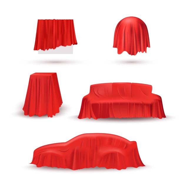 istock Objects in red cloth drapery set. Silk fabric covering gifts for surprise reveal vector illustration. Hidden car, sofa, table, circle under veil. Mysterious presentation event 1291184644