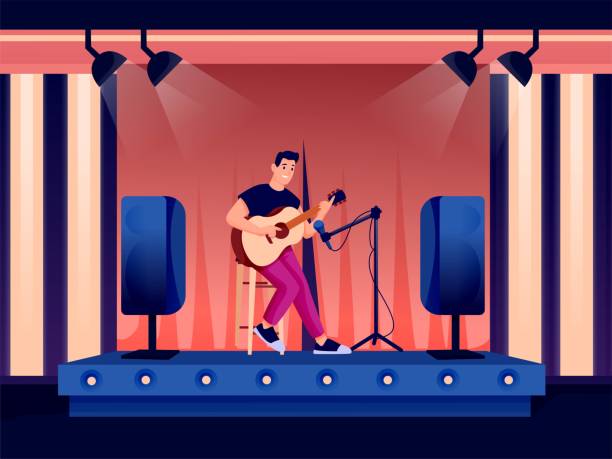 Young man playing guitar in night bar or pub. Happy smiling guy performs in spotlight on stage, microphone equipment nearby. Evening recreation activities vector illustration Young man playing guitar in night bar or pub. Happy smiling guy performs in spotlight on stage, microphone equipment nearby. Evening recreation activities vector illustration. drawing-of-the-children-singing stock illustrations