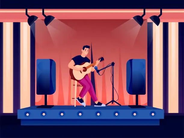 Vector illustration of Young man playing guitar in night bar or pub. Happy smiling guy performs in spotlight on stage, microphone equipment nearby. Evening recreation activities vector illustration
