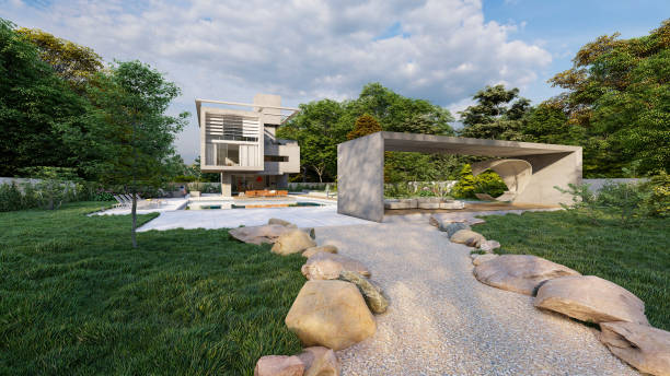 istock Modern house with lounge area by the pool 1291185407