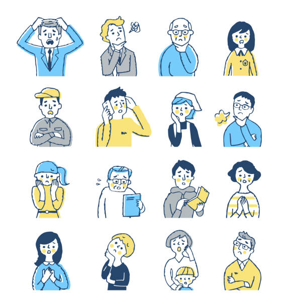 A set of 16 upper bodies of men and women in need People, men, women, facial expressions, negatives, upper body frowning stock illustrations