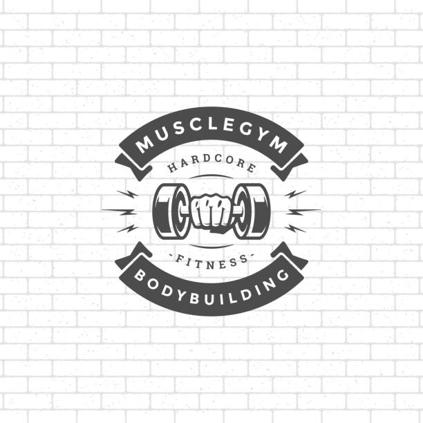 Bodybuilding symbol or badge vector illustration male hand holding dumbbell symbol silhouette Bodybuilding symbol or badge vector illustration male hand holding dumbbell symbol silhouette. Retro typography fitness emblem design template or label print stamp. dumbbell silhouette stock illustrations