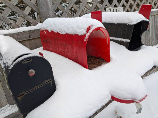 istock Repurposed Snow Covered Abandoned Plastic Mailboxes in Garden During Winter 1291191175