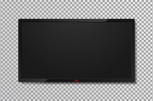 Realistic TV screen template with empty black display. LCD or LED tv panel, 4k television screen on transparent background with shadow. Graphic mock up for banner, web and adversting posters. Vector.