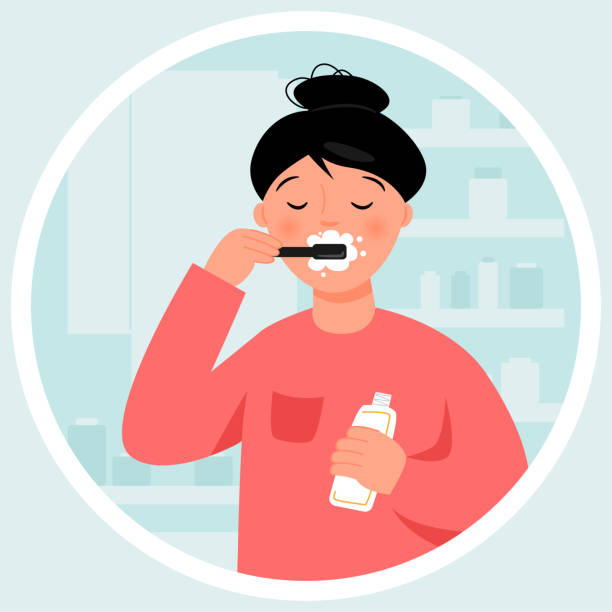 화장실에서 이빨을 닦는 소녀. 일상적인 위생. - human face washing cleaning body care stock illustrations