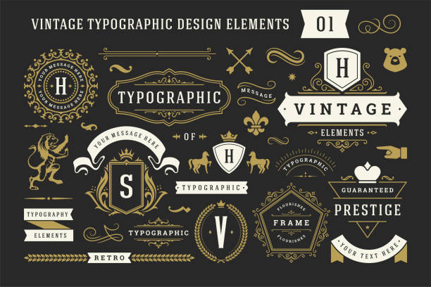 Vintage typographic decorative ornament design elements set vector illustration Vintage typographic decorative ornament design elements set vector illustration. Labels and badges, retro ribbons, luxury fancy logo symbols, elegant calligraphic swirls, flourishes ornate vignettes. Nobility stock illustrations