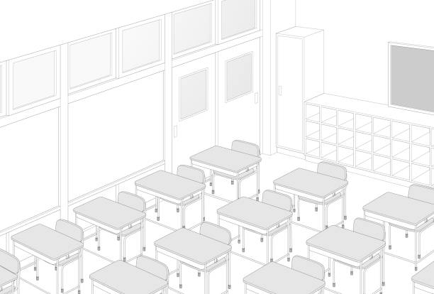 空の学校の教室/漫画本のためのモノクロの背景資料 - 私立学校点のイラスト素材／クリップアート素材／マンガ素材／アイコン素材