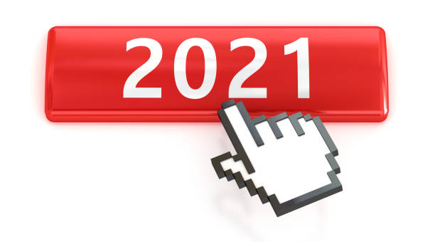 istock Happy New Year 2021. Red push button with click hand cursor isolated on the white background. Web design icon sets. 1291193709