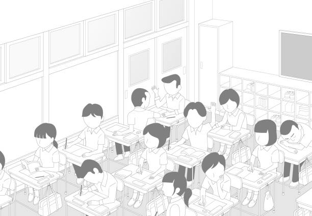 School classroom in class / Monochrome material for comic books People black and white anime girl stock illustrations