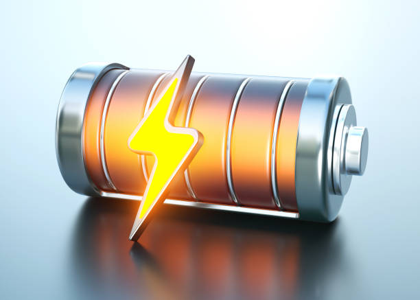 A fully charged battery with energy symbol, glowing in orange color.