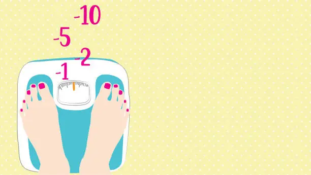 Vector illustration of weight scales. woman feet on weight scales. healthy weight. losing weight, diet lifestyle, diet program concept.