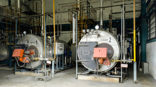 sala de calderas de gas para la producción de vapor de fábrica de fabricación - boiler steam pressure gauge gauge fotografías e imágenes de stock