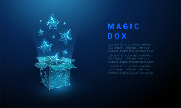 abstrakcyjne otwarte pudełko na prezenty i latające niebieskie gwiazdy - gift blue gift box box stock illustrations
