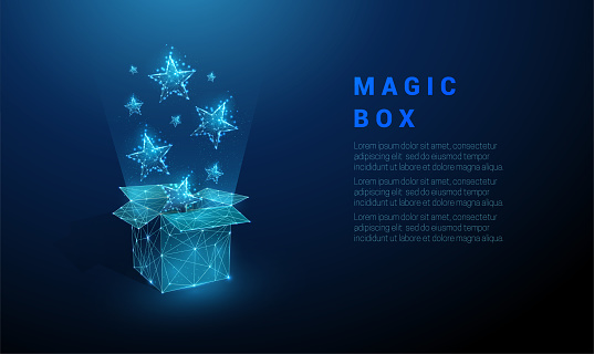 Abstract open gift box and flying blue stars. Low poly style design. Geometric background. Wireframe light connection structure. Modern 3d graphic concept. Isolated vector illustration.