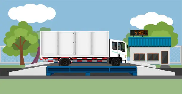 Vector illustration of Large trucks carrying cargo open side. on the weighing scale.