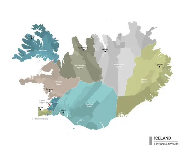 Vector illustration of Iceland higt detailed map with subdivisions. Administrative map of Iceland with districts and cities name, colored by states and administrative districts. Vector illustration.