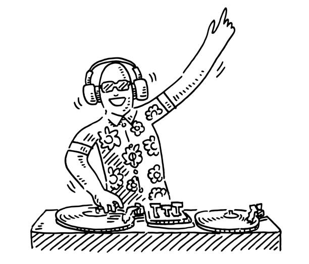 Cartoon DJ At Work Drawing Hand-drawn vector drawing of a Cartoon DJ At Work. Black-and-White sketch on a transparent background (.eps-file). Included files are EPS (v10) and Hi-Res JPG. dj clipart stock illustrations